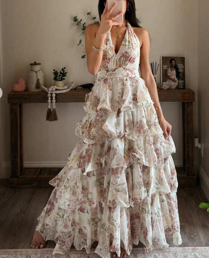 Damen Maxikleid Floraler Druck Mit Volants