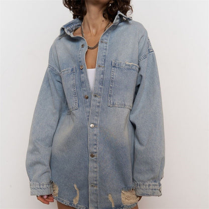 Damen Jeansjacke Distressed Look Blau Eveloria - Eveloria