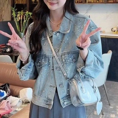 Damen Denimjacke Dekorative Perlen Blau Eveloria - Eveloria