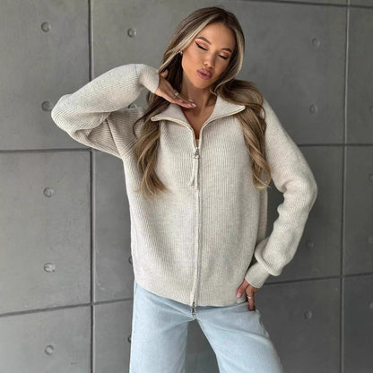 Damen Grobstrickpullover Hochkragen Reißverschluss Beige