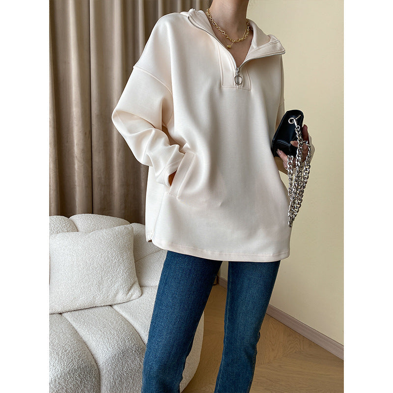 Damen Pulli Hochkragen Reißverschluss Olivgrau