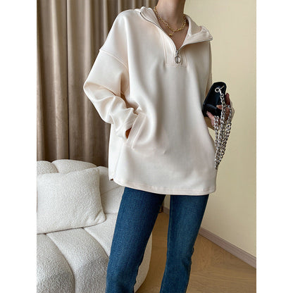 Damen Pulli Hochkragen Reißverschluss Olivgrau