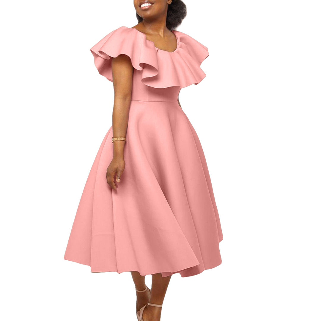 Damen Midikleid Tailliert Volant Elegant Eveloria