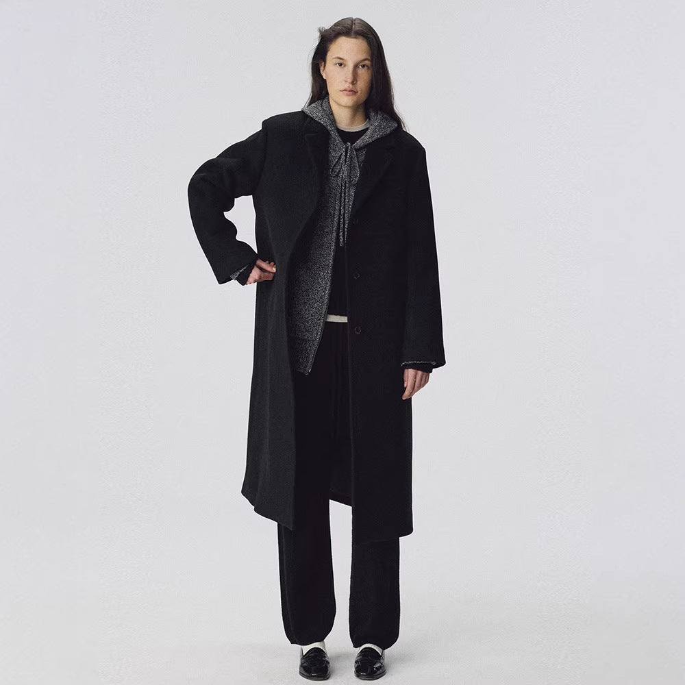 Damen Mantel Langer Mantel mit Revers und Taschen Schwarz Eveloria - Eveloria