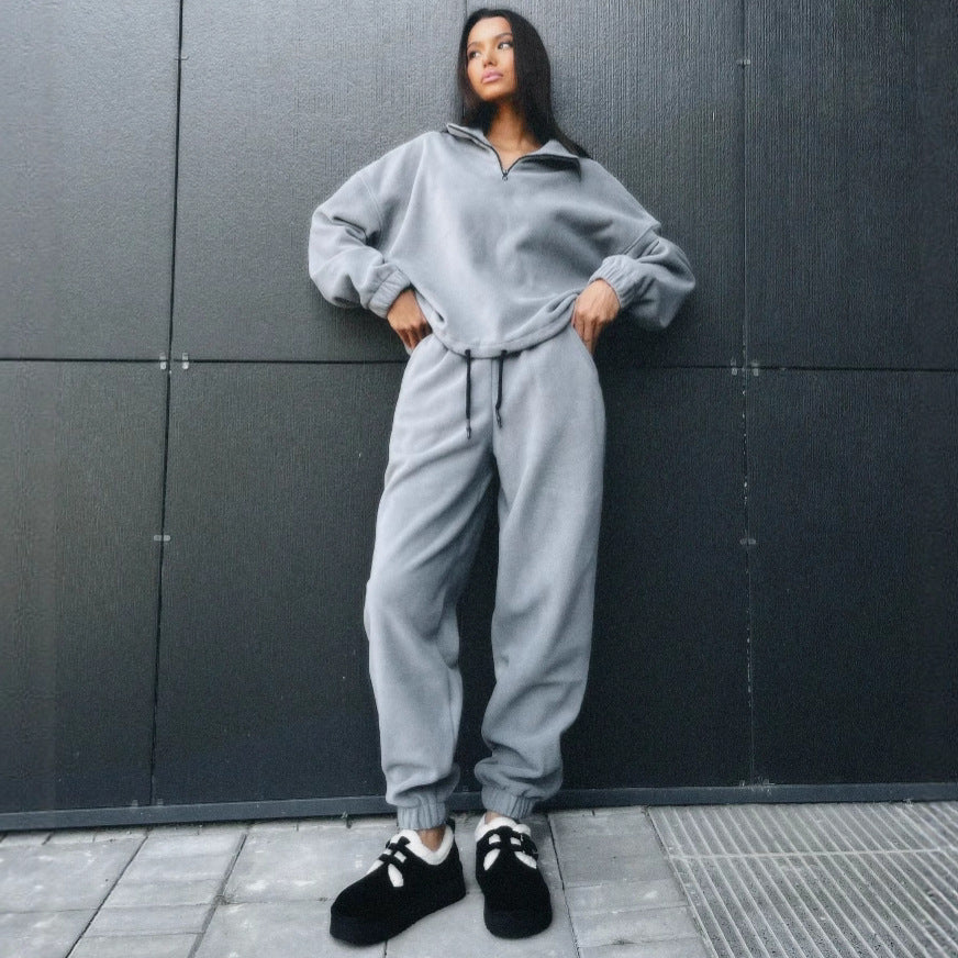 Damen Fleece Trainingsanzug Elastisch Halbzippverschluss