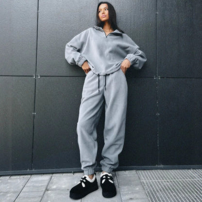 Damen Fleece Trainingsanzug Elastisch Halbzippverschluss