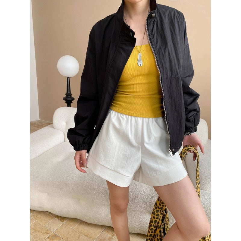 Damen Utility-Jacke Lässig Hochkragen Praktische Taschen Schwarz - Eveloria