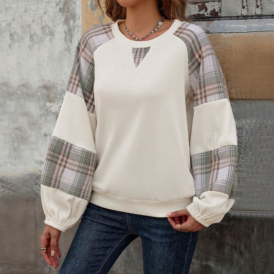Damen Sweatshirt mit Karierten Ärmeln Lässig Grau - Eveloria
