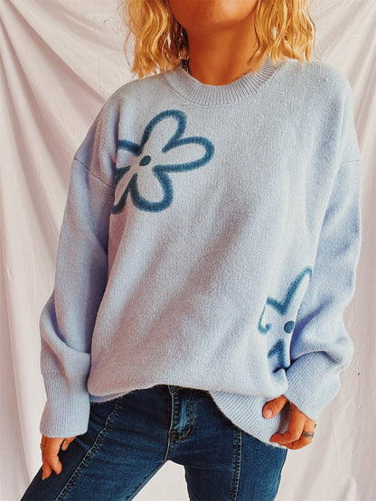 Damen Strickpullover Oversized Floralmuster Beige