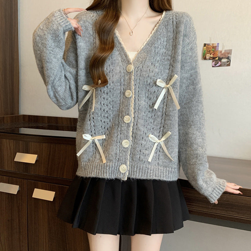Damen Strickcardigan mit Schleifen Beige