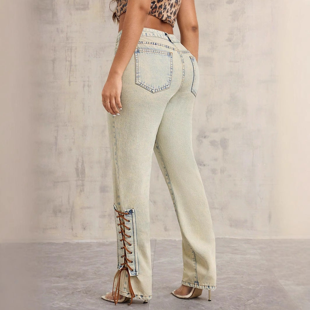 Damen High-Waist Jeans Schnürung Dunkelblau Eveloria