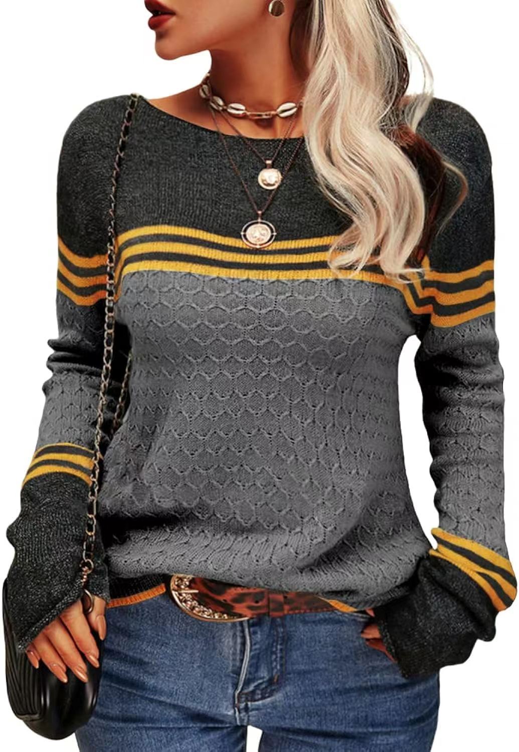 Damen Strickpullover Kontrastfarben Einzigartige Textur Grau