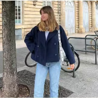 Damen Kurzjacke Lässiger Schnitt Doppelter Knopf Schwarz Eveloria - Eveloria