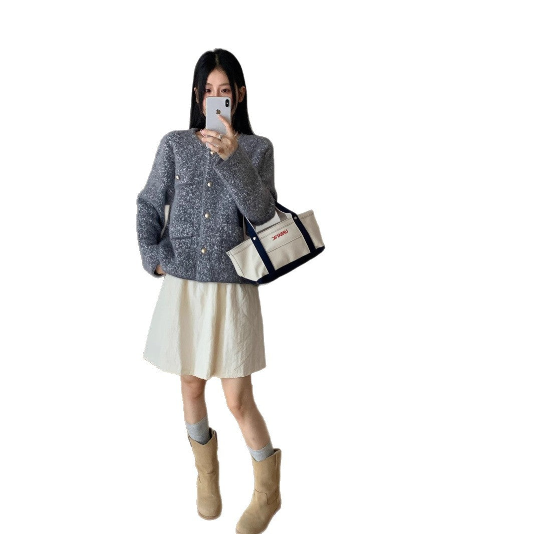 Damen Strickjacke Kuschelig Knöpfe Taschen Beige