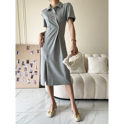 Damen Polokleid mit Knöpfen Asymmetrischer Saum Schwarz Eveloria - Eveloria