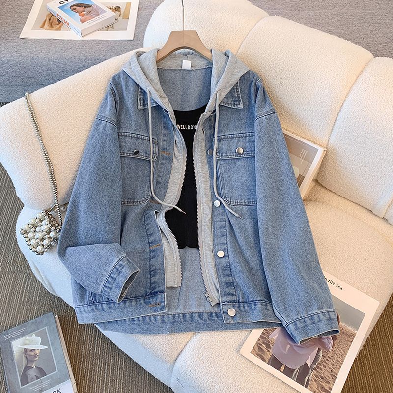Damen Denimjacke Lässig Herausnehmbare Kapuze Blau Eveloria