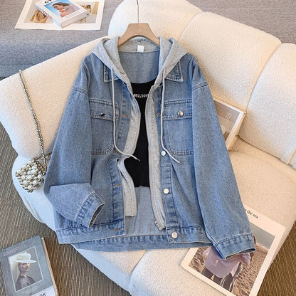 Damen Denimjacke Lässig Herausnehmbare Kapuze Blau Eveloria