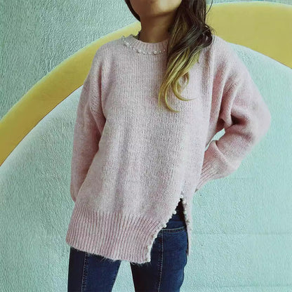Damen Pullover Kuschelfaser Filigrane Perlenverzierung Anthrazit
