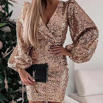 Damen Minikleid Glitzernd Ballonärmel Wickeloptik Eveloria - Eveloria