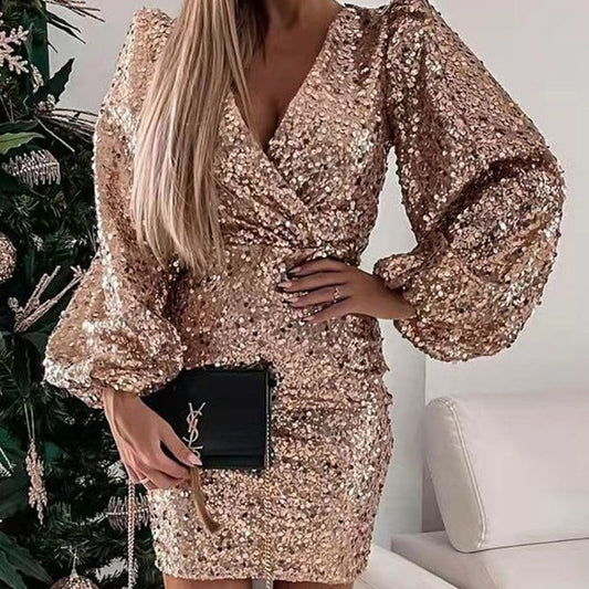 Damen Minikleid Glitzernd Ballonärmel Wickeloptik Eveloria - Eveloria