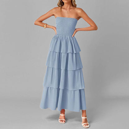 Damen Maxikleid Schulterfrei Voluminöser Stufenrock