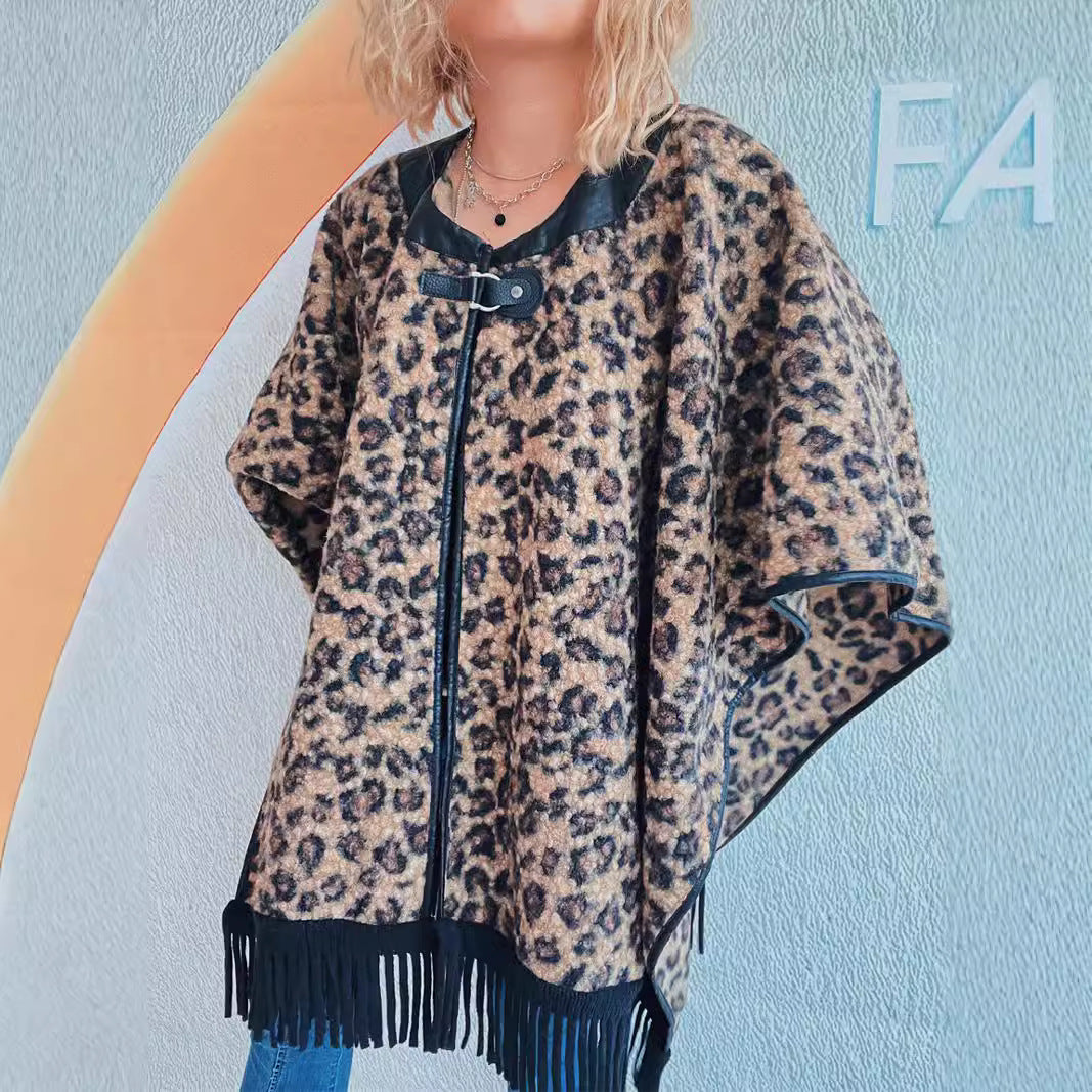 Damen Poncho Fransen Tierprint