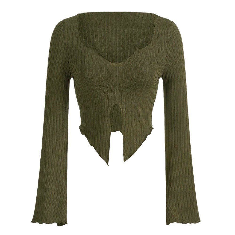 Damen Cropped Langarmshirt Asymmetrischer Saum Rüschen