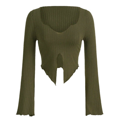 Damen Cropped Langarmshirt Asymmetrischer Saum Rüschen