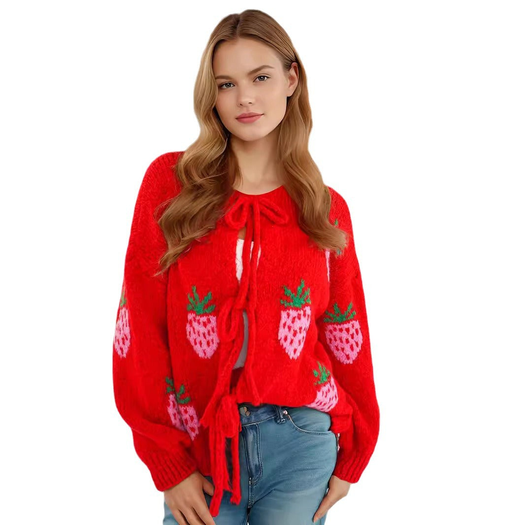 Damen Strickpullover Erdbeermotiv Rundhals Ballonärmel