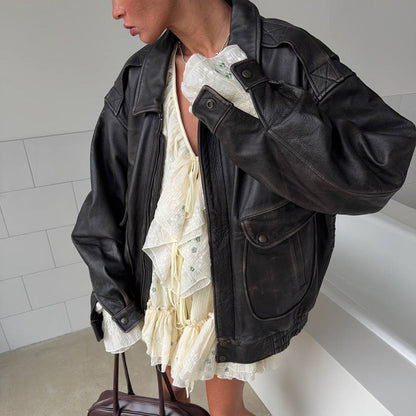 Damen Lederjacke Oversized mit Dekorativen Taschen