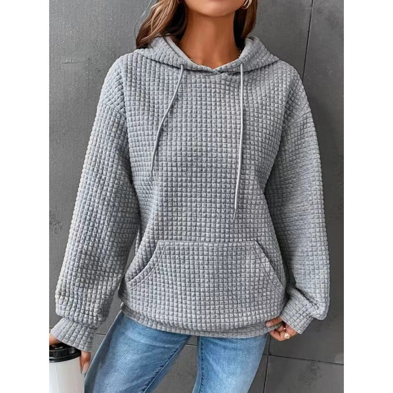 Damen Waffelpullover mit Kapuze und Kängurutasche Grau