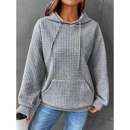 Damen Waffelpullover mit Kapuze und Kängurutasche Grau