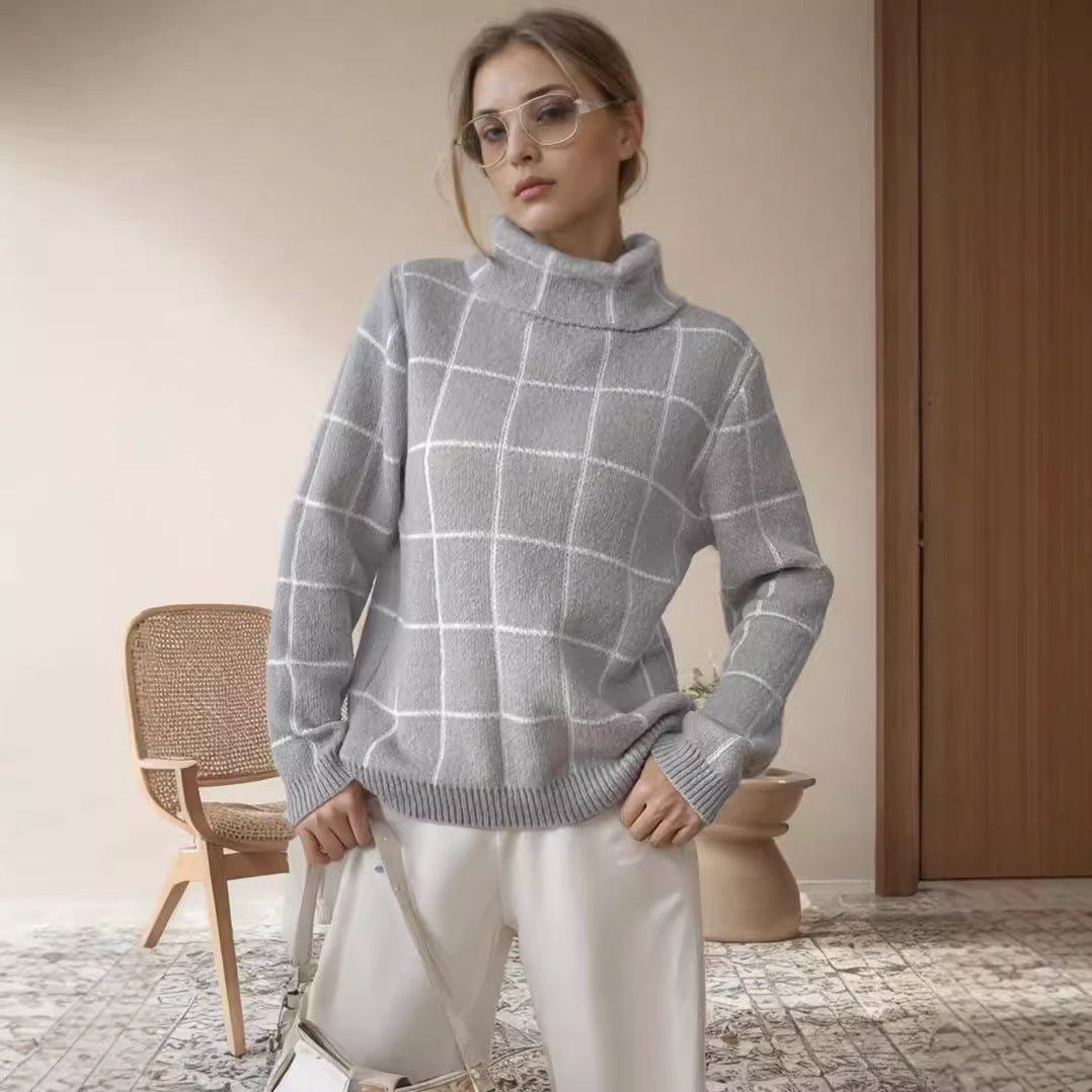 Damen Pullover Grobstrick Karomuster Hochkragen Beige - Eveloria