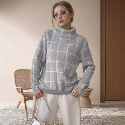 Damen Pullover Grobstrick Karomuster Hochkragen Beige - Eveloria