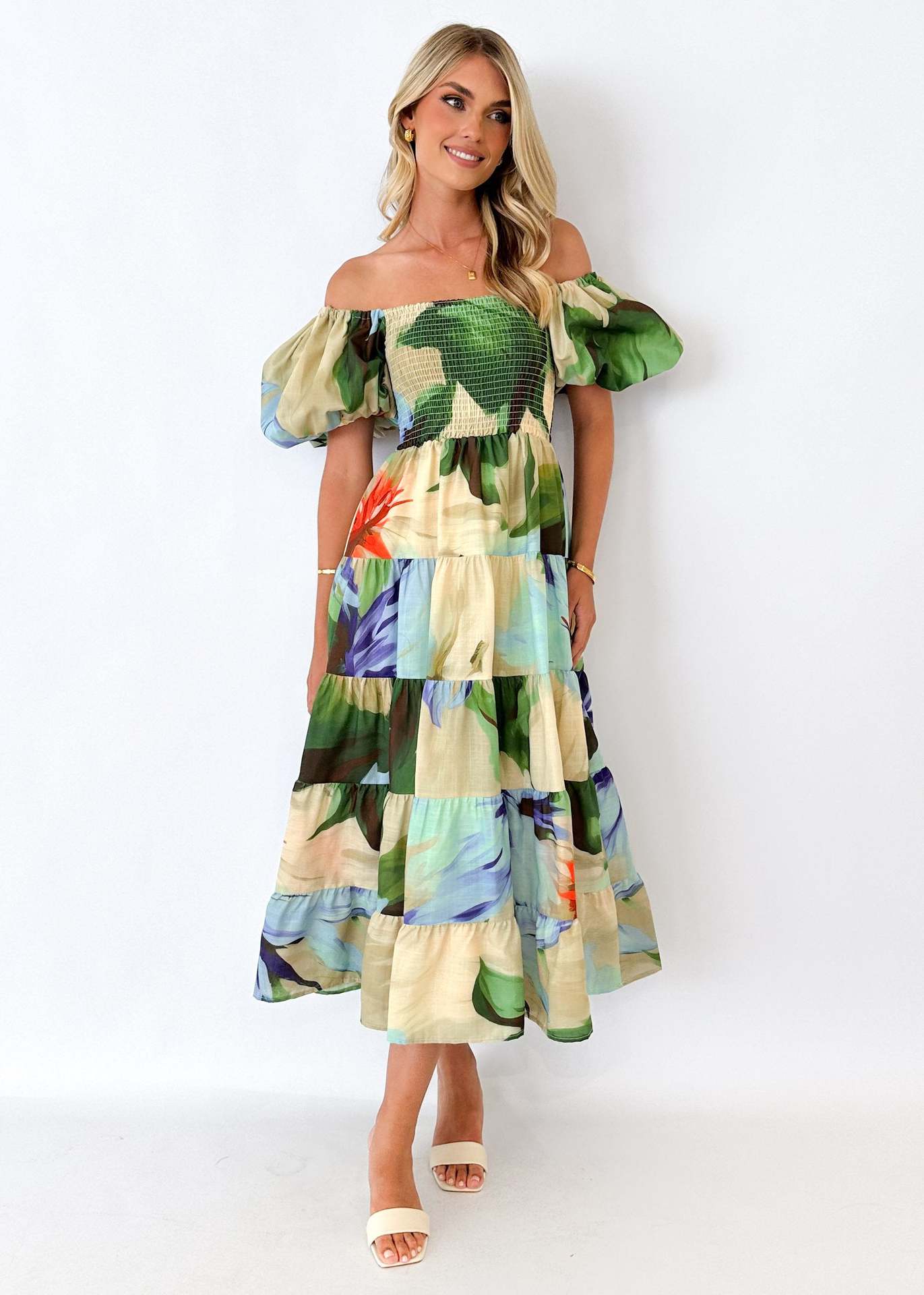 Damen Maxikleid Schulterfrei Puffärmel Eveloria