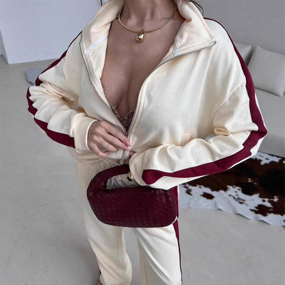 Damen Fleece-Sweat-Set mit hohem Kragen und Streifen Eveloria