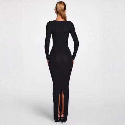 Damen Maxikleid Figurbetont Spitze V-Ausschnitt