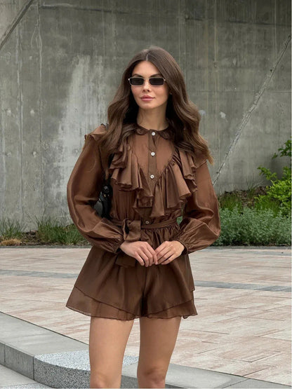 Damen Chiffon-Set mit Rüschendetails und Taillengürtel