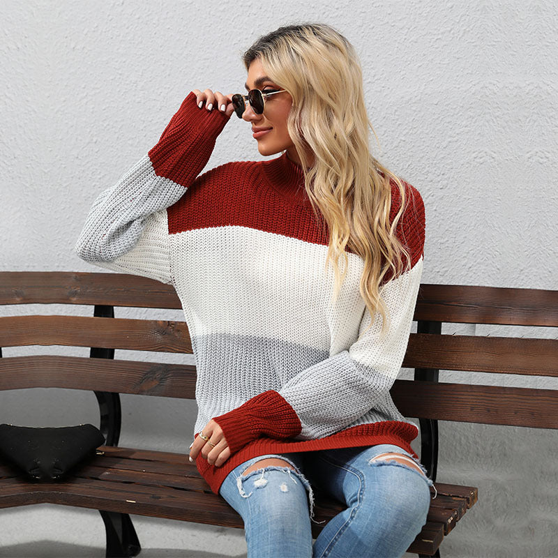 Damen Strickpullover Hoher Kragen Blockstreifen Eveloria