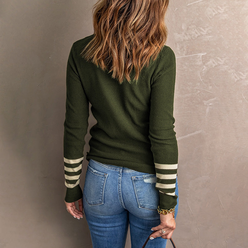 Damen Strickpullover Kontrast Ärmelbündchen