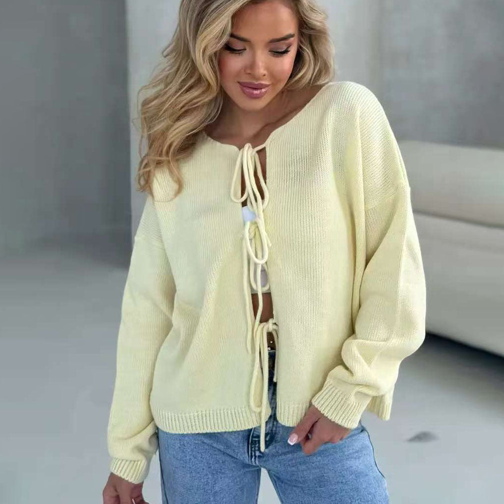 Damen Strickpullover Lässig Dekorative Schnürung Weit Eveloria