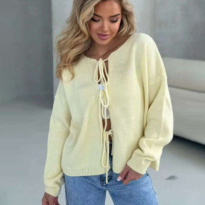 Damen Grobstrickpullover Lässig Bindebänder Beige