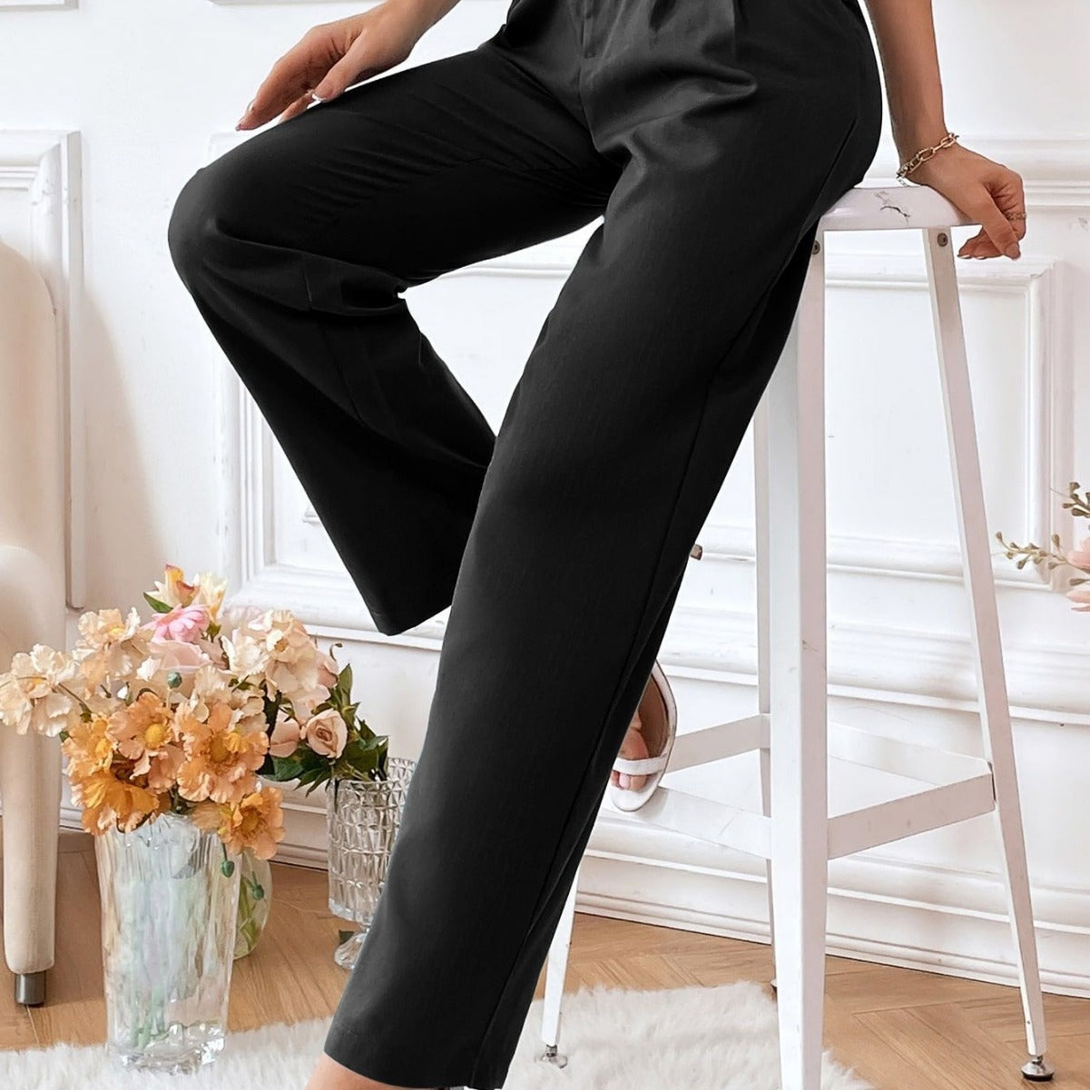 Damen Hochbund-Hose Slim Fit Faltenwurf Schwarz - Eveloria