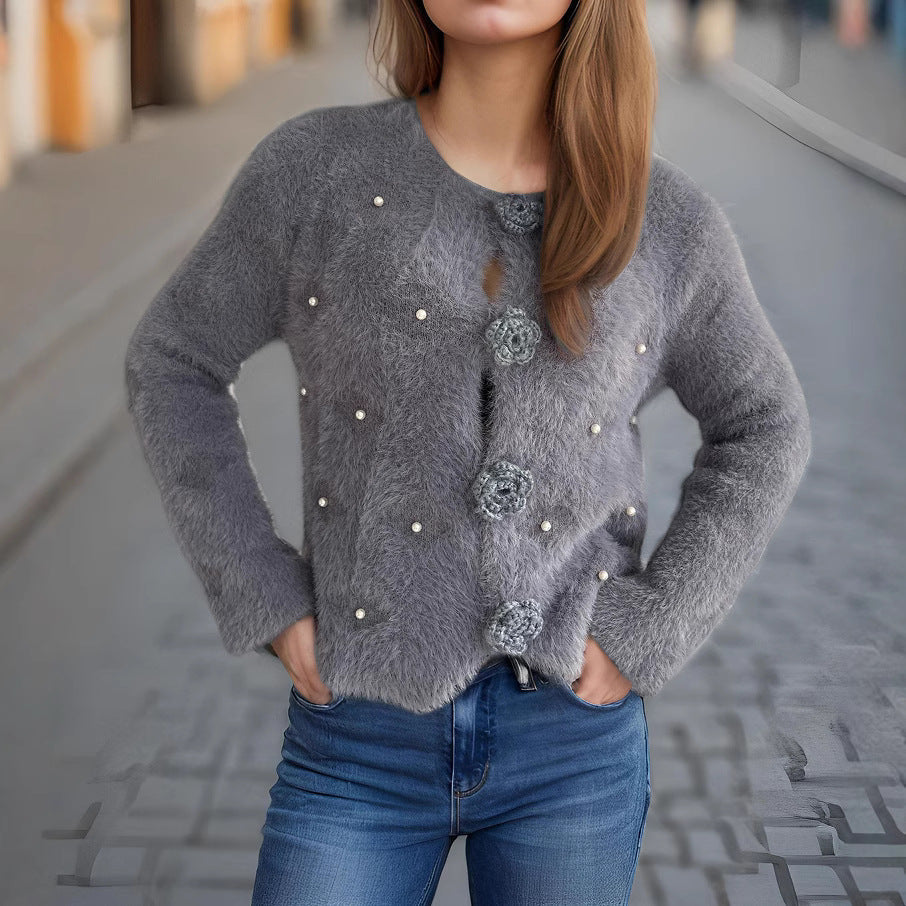 Damen Strickjacke Blumenapplikationen Perlenakzente Eveloria