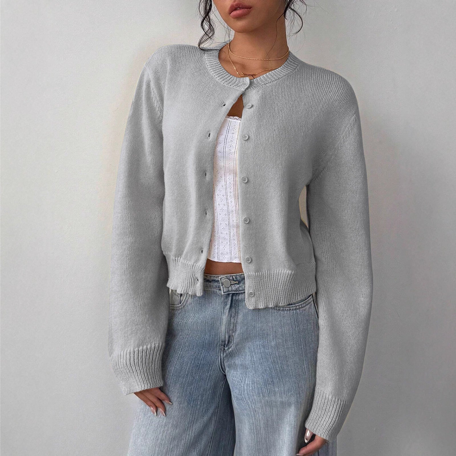 Damen Strickjacke Rippstruktur Knöpfe Beige - Eveloria