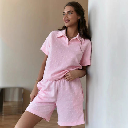 Damen Poloshirt Shorts-Set Strukturiertes Material