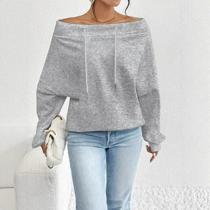 Damen Oversized Pullover Offener Kragen Kordelzüge Beige