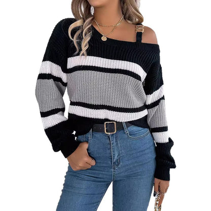 Damen Off-Shoulder Pullover Streifen Modischer Träger