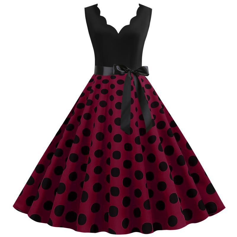 Damen A-Linien Kleid mit Polka-Dots Muster und Taillengürtel - Eveloria