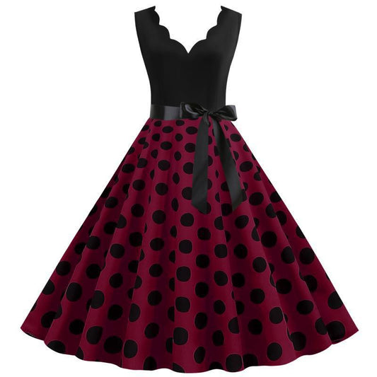 Damen A-Linien Kleid mit Polka-Dots Muster und Taillengürtel - Eveloria